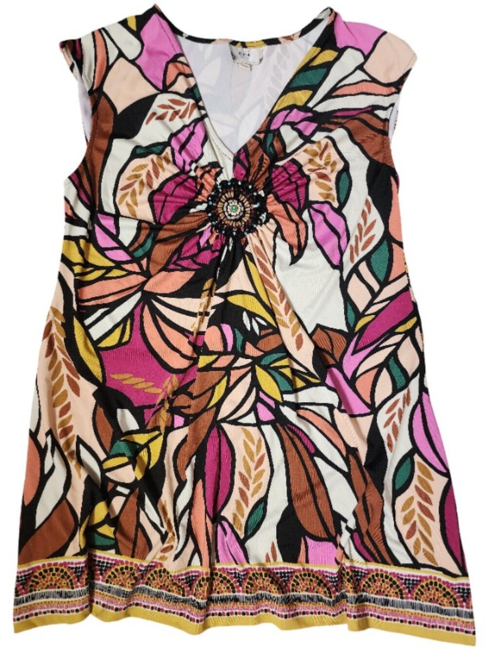 ECI NEW YORK Retro-Inspired V-Neck Abstract Floral Burst Mini Dress Tunic Sz XL